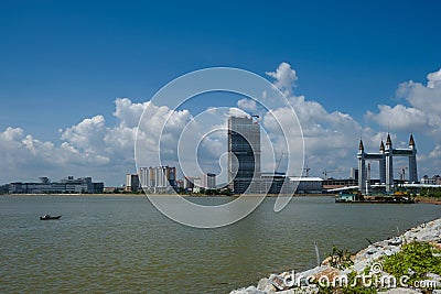 View of sea water and Kuala Terengganu Drawbridge Stock Photo