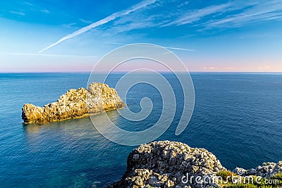 View of a seascape from the lighthouse of Capo Zafferano in Sicily. Stock Photo
