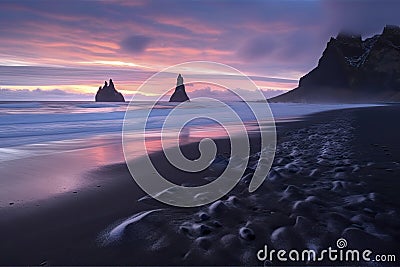 View of Seastacks in Vik, Icleand the most famous black sand beach Stock Photo
