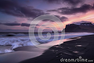 View of Seastacks in Vik, Icleand the most famous black sand beach Stock Photo