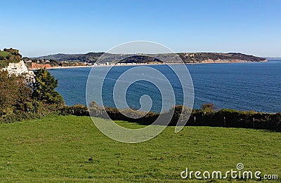 The view of Seaton Bay from the small Devon seaside village of Beer Stock Photo