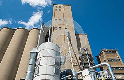 View of section of a grain elevator, an agrarian facility complex used to stockpile and store grain Stock Photo