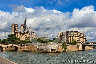 View of Seine river and Notre-Dame de Paris Cathedral. Stock Photo