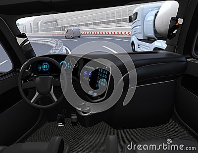 View from self-driving truck interior on highway Stock Photo