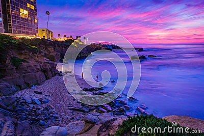 View of Shell Beach and the Pacific Ocean at sunset, in La Jolla, California. Stock Photo