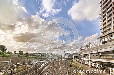 View from the Shimogoindenbashi Bridge called the Train Museum which allows to observe the 2500 trains that pass each day below. Editorial Stock Photo