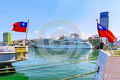 View of ships with flags in Keelung port Editorial Stock Photo