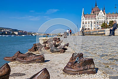 A view of the shoes on the bank of the Danube river in Budapest. A memorial in honour of Jews killed during WW2 Editorial Stock Photo