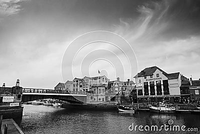 View of shops in the old harbour area, Weymouth, Dorset, England, UK, December 26, Editorial Stock Photo