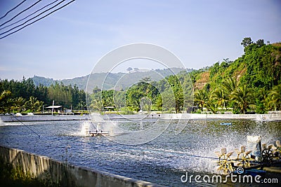 view of shrimp farm with rotating water wheel, mountains background, tambak udang. Stock Photo