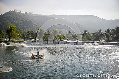 view of shrimp farm with rotating water wheel, mountains background, tambak udang. Stock Photo