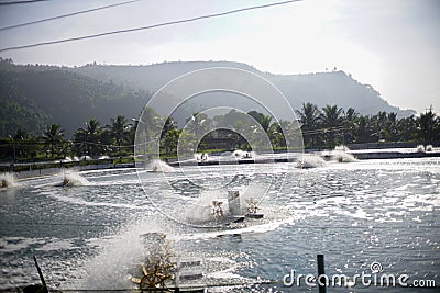 view of shrimp farm with rotating water wheel, mountains background, tambak udang. Stock Photo