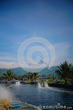 view of shrimp farm with rotating water wheel, mountains background, tambak udang. Stock Photo