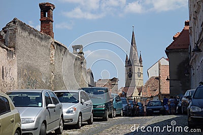 View in Sibiu city in Romania, with the Evangelic Cathedral in the distance Editorial Stock Photo
