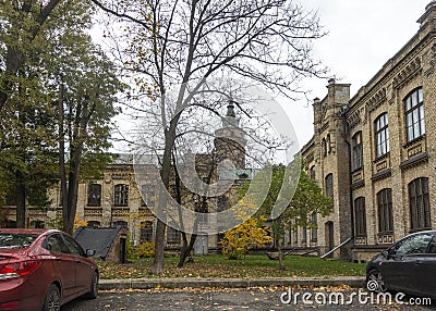 View of the side facade of the main building of the National Technical University of Ukraine KPI in autumn Editorial Stock Photo