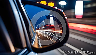 View of the side mirror from the rear of a business class car driving along the line at high speed. Cartoon Illustration