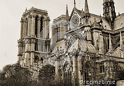 View on the side of Notre Dame in sepia Stock Photo