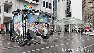View of sign Imagine Picasso The Immersive Exhibition near Canada Place Editorial Stock Photo