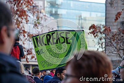 View of sign Increase the Carbon Price as part of the Climate Strike in front of Vancouver Art Gallery Editorial Stock Photo