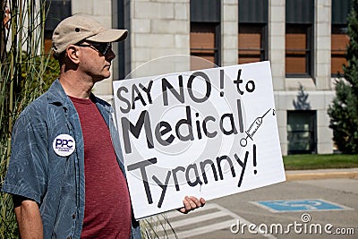 View of sign Say No to Medical Tyranny during the rally against the BC Vaccine Card in front of Vancouver City Hall Editorial Stock Photo