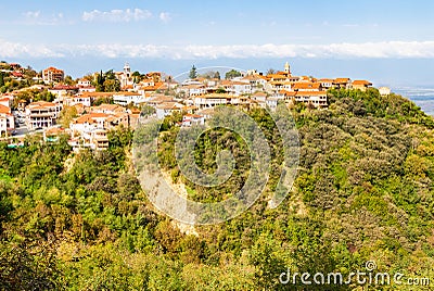 view of Signagi town on mountain in Kakheti Stock Photo