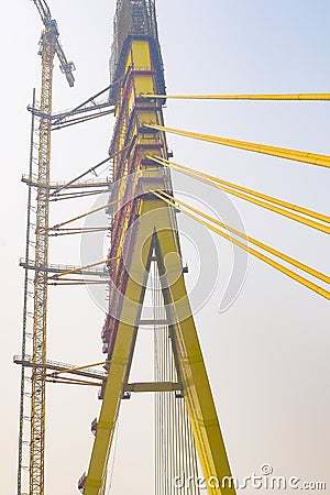 View of the Signature bridge being constructed across the Yamuna river in New Delhi India Stock Photo