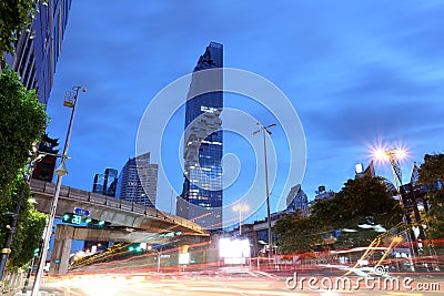 View Silom road in twilight of Mahanakhon building. Stock Photo