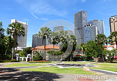 View of Singapore Financial district from the Malay Heritage Centre in Kampong Glam, Singapore. Stock Photo