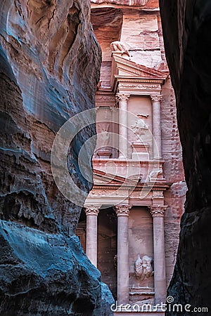 View from Siq on entrance of Al Khazneh treasury Stock Photo