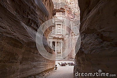 View from Siq on entrance of City of Petra, Khazneh Stock Photo