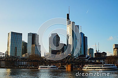 View of the skyline of the banking district in Frankfurt on a sunny winter evening. Editorial Stock Photo