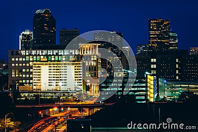 View of the skyline of Uptown at night, in Charlotte, North Carolina. Editorial Stock Photo