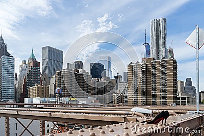 View of skyscrapers from Brooklyn Bridge, Downtown, New York. Editorial Stock Photo