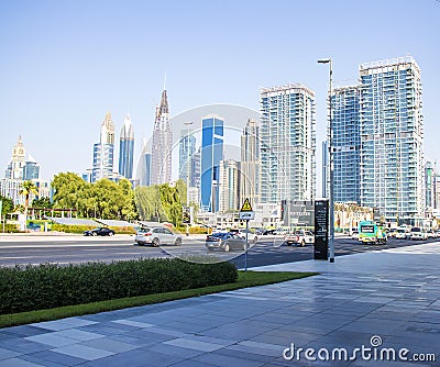 View of a skyscrapers in Dubai`s main road, Sheikh Zayed road. Shot made from city walk area in center of the city Editorial Stock Photo