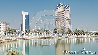 View of skyscrapers skyline with Al Bahr towers in Abu Dhabi . United Arab Emirates Stock Photo
