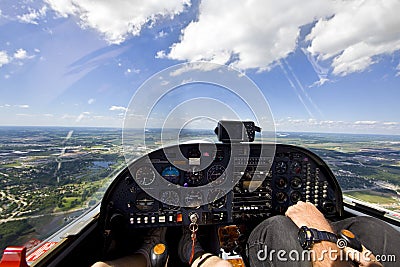 View from small aircraft taking off from runway Stock Photo