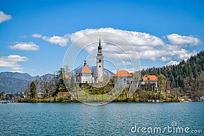 View on small church on Bled island on lake Bled close to Bled Editorial Stock Photo