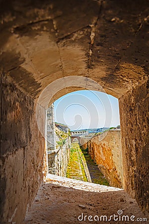View from small loophole on the La Mola fortress Stock Photo