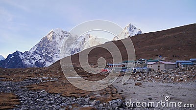 View of small Sherpa village Lobuche, one of the last stops on Everest Base Camp Trek, with stone houses. Stock Photo