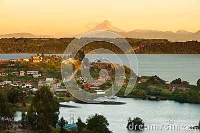 View of the small town of Puerto Octay at the shores of Llanquihue lake in southern Chile Stock Photo