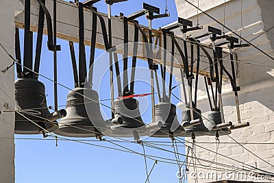 Small (Zazvonnie) bells on the bell tower of the Transfiguration Cathedral of the ancient Kremlin in Nizhny Novgorod Stock Photo