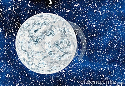 View of snow-covered planet against the background of cosmic snowfall Cartoon Illustration