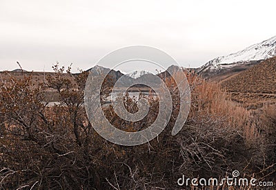 The view of the snow covered Sierras near June Lake Stock Photo