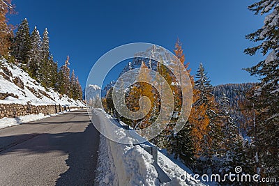 View after a snowfall on Mount Pelmo and Passo Staulanza road, Dolomites Stock Photo