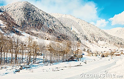 A view of snowy Alps mountains in winter sunny morning, Brand, Bludenz, Vorarlberg, Austria. Toned image Stock Photo