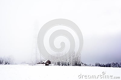 View of the snowy andy icy lookout betwen forest Stock Photo