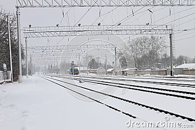 View on the snowy railroad tracks on winter Stock Photo