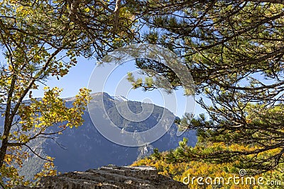 View of the snowy summit of Mount Olympus in the frame of the branches of trees with autumn foliage Stock Photo