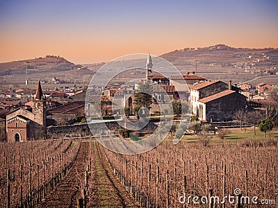 View of Soave Italy surrounded by vineyards. Stock Photo