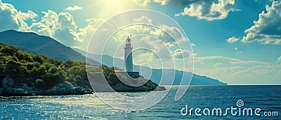 View Of A Solitary Lighthouse Standing Tall Against A Scenic Coastal Backdrop Stock Photo